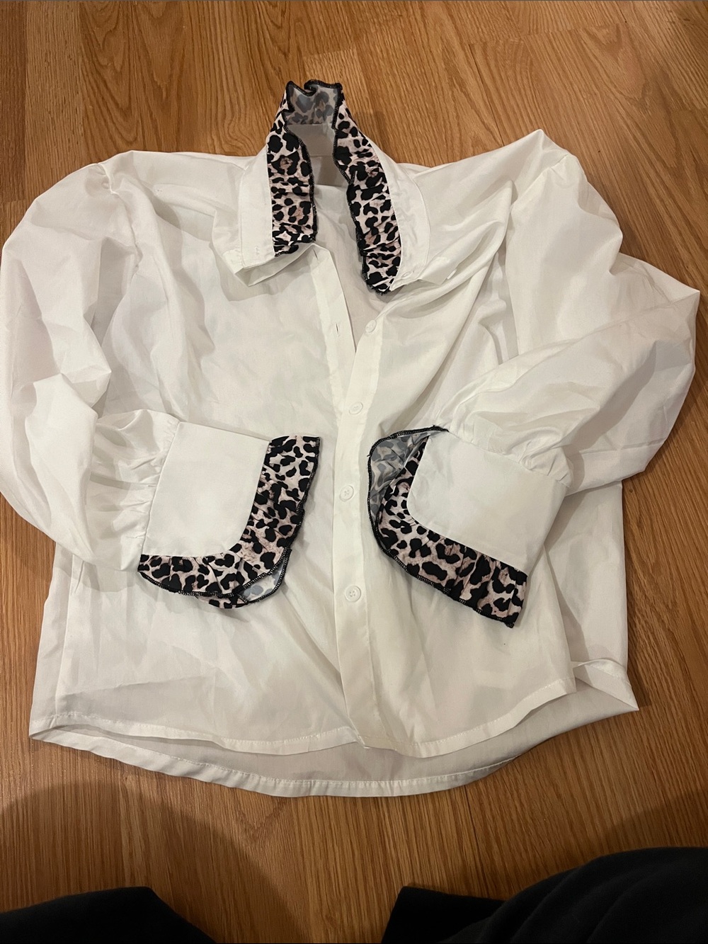 White Button-Up Shirt with Leopard Trim